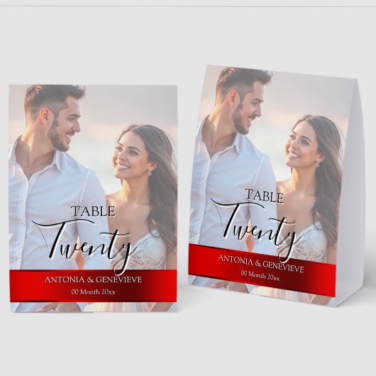 Plaque De Table Elegant Photo Wedding Table Number Red band (Recto/Verso)