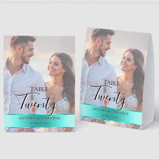 Plaque De Table Elegant Photo Wedding Table Number Turquoise band (Recto/Verso)