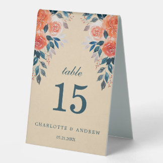 Plaque De Table Elégante aquarelle Orange Rose Numéro de Mariage