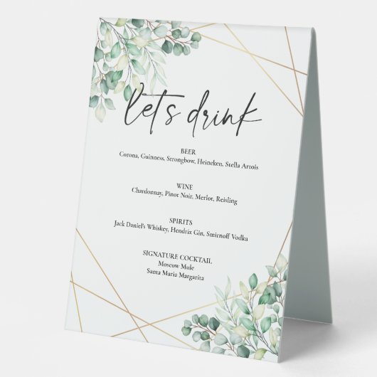 Plaque De Table Eucalyptus Mariage de verdure Boissons Menu (Recto)