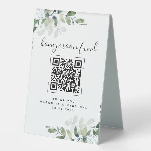 Plaque De Table Eucalyptus Mariage Honeymoon Fund QR Code (Recto)