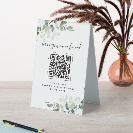 Plaque De Table Eucalyptus Mariage Honeymoon Fund QR Code (En SItu (Tableau))