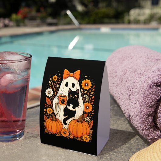 Plaque De Table Fantôme groovy d'Halloween tenant un chat noir flo (InVersositu (sur table))