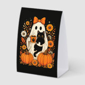 Plaque De Table Fantôme groovy d'Halloween tenant un chat noir flo (Recto)