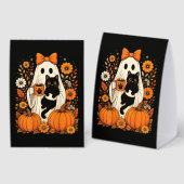 Plaque De Table Fantôme groovy d'Halloween tenant un chat noir flo (Recto/verso)