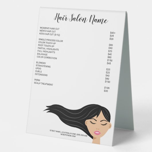Plaque De Table Fille Avec Long Black Flower Coiffeur Menu (Recto)