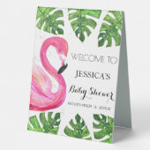 Plaque De Table Flamant rose Tropical Feuilles Baby shower Affiche (Verso)