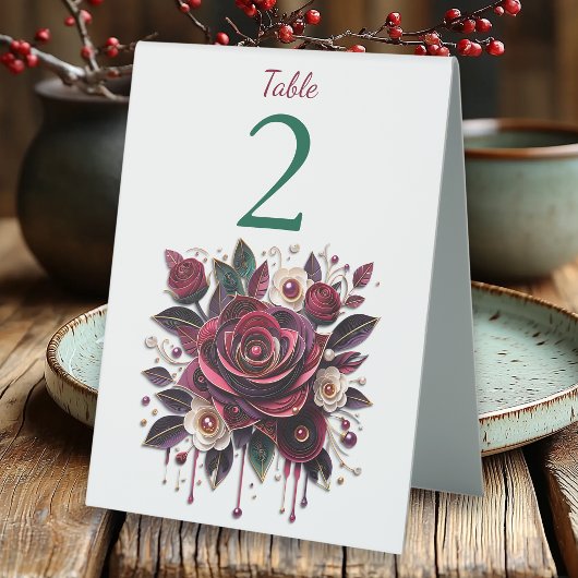 Plaque De Table Fleurs Bourgognes, Foliage et Perles Personnalisée