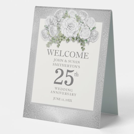 Plaque De Table Floral blanc argenté 25e anniversaire Mariage (Recto)