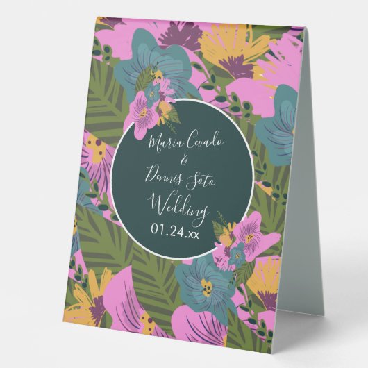 Plaque De Table Flore à la main Mariage vert rose gras (Recto)