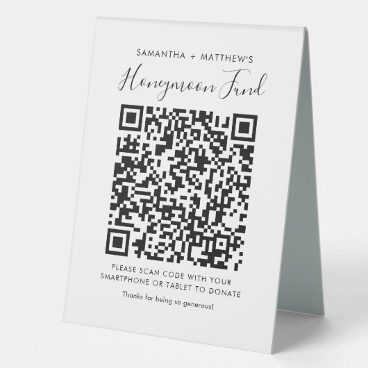 Plaque De Table Fonds de lune de miel Mariage moderne QR Code Dons (Recto)