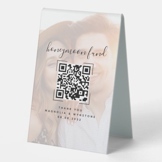 Plaque De Table Fonds de lune de miel mariage QR Code Photo (Verso)