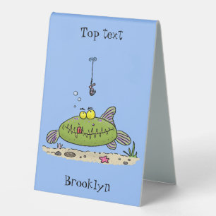 Plaque De Table Funny fat hungry green fish fishing cartoon