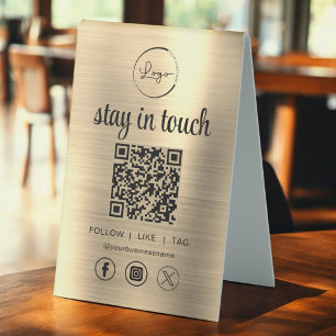 Plaque De Table Gold Social Media QR Code Business Logo