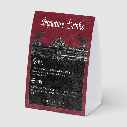 Plaque De Table Gothic Black Raven & Roses Burgundy Wedding Drinks (Verso)