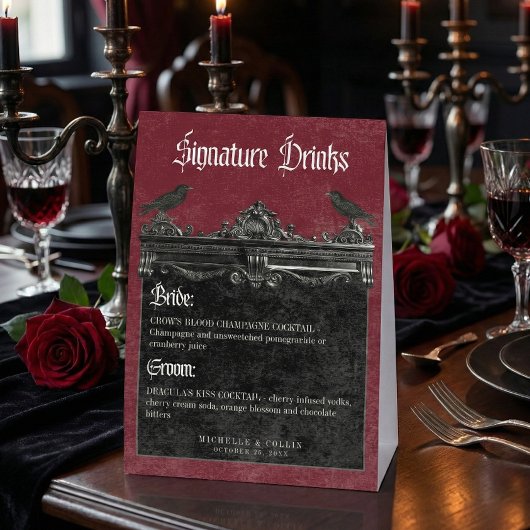 Plaque De Table Gothic Black Raven & Roses Burgundy Wedding Drinks