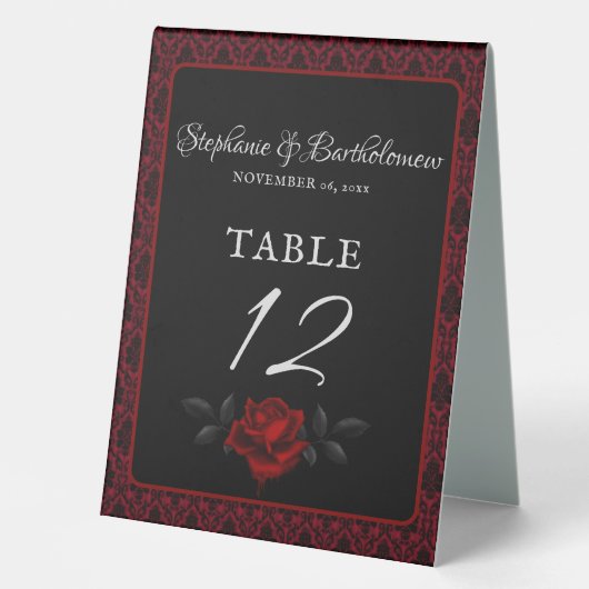 Plaque De Table Gothic Red Damask Rose Wedding (Recto)