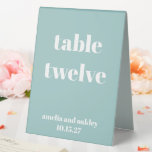 Plaque De Table Gras Aqua Blue Retro Numéro de mariage personnalis<br><div class="desc">Guidez vos invités sans effort avec ce panneau de numéro de table mariage élégant. Dotée d'un design moderne et minimaliste dans un bleu aqua doux avec une élégante typographie blanche, cette carte recouverte de tentes recto verso est parfaite pour les réceptions, assurant ainsi à chaque table est facile à trouver....</div>