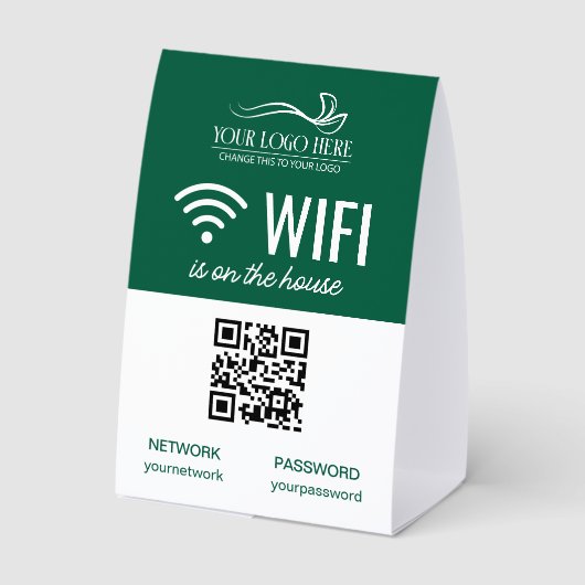 Plaque De Table Green White Business WiFi QR Code Logo (Verso)