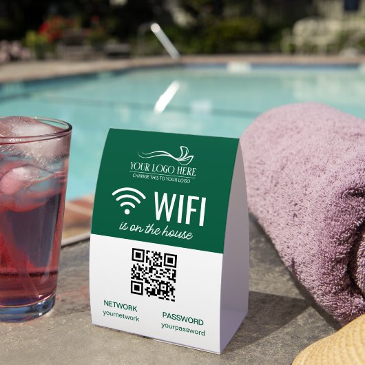 Plaque De Table Green White Business WiFi QR Code Logo (InVersositu (sur table))