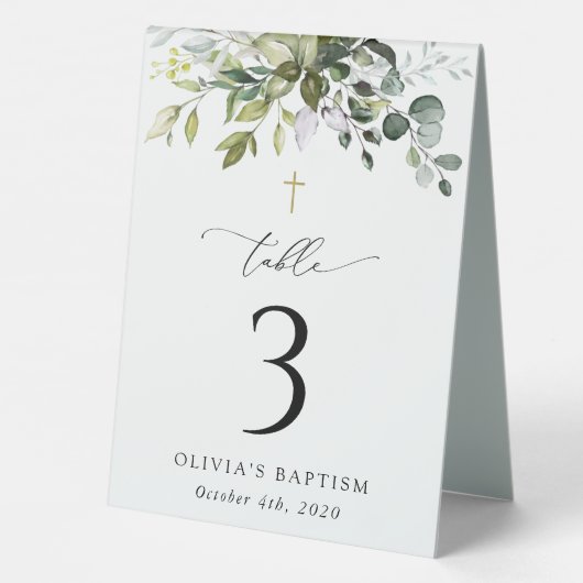 Plaque De Table Greenery, Eucalyptus Leaves, Baptism Table Numbers (Verso)