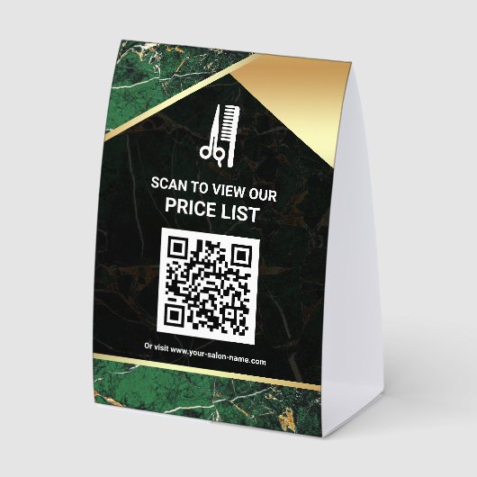 Plaque De Table Hair Makeup Salon QR Code Price List Green Marble (Recto)