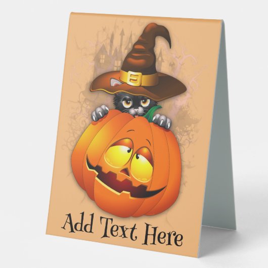 Plaque De Table Halloween Cute Kitty Witch et ami Citrouille (Recto)
