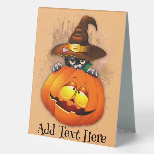 Plaque De Table Halloween Cute Kitty Witch et ami Citrouille (Verso)
