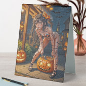 Plaque De Table Halloween Monster Jack-o-Lantern & Bat Vixen Girl (En SItu (Tableau))