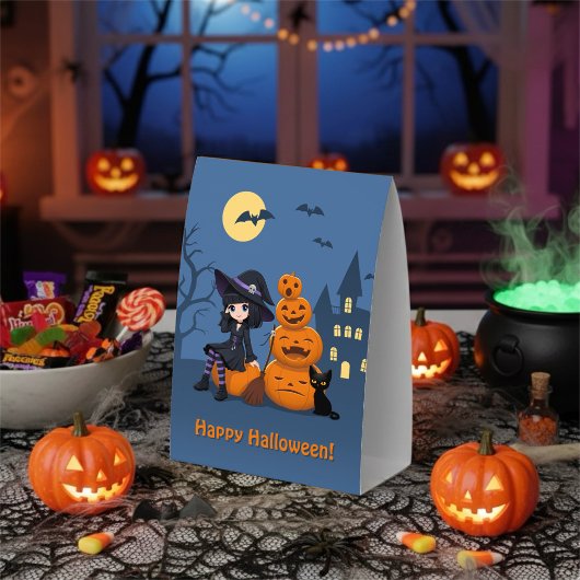 Plaque De Table Halloween Witch, Black Cat, and Pumpkins