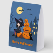 Plaque De Table Halloween Witch, Black Cat, and Pumpkins (Recto)