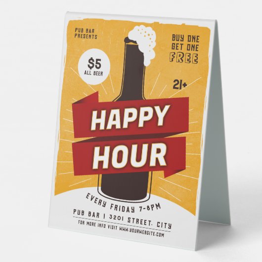 Plaque De Table Happy Hour Drink Beer Ad Bar (Verso)