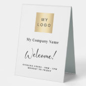 Plaque De Table Heures d'ouverture du logo commercial blanc (Recto)