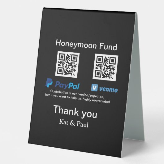 Plaque De Table Honeymoon Fund PayPal Venmo QR code Merci (Recto)