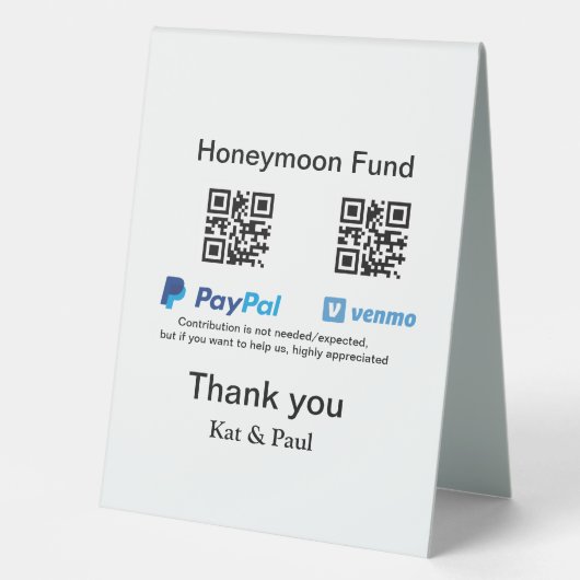 Plaque De Table Honeymoon Fund PayPal Venmo QR code Merci (Recto)