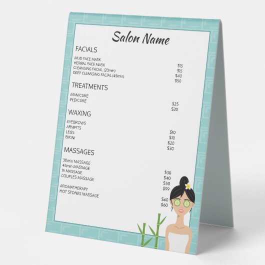 Plaque De Table Illustration de femme spa - Menu professionnel Spa (Recto)