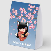 Plaque De Table Kitsune Kokeshi Doll Black Fox Geisha Blue (Recto)