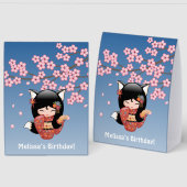 Plaque De Table Kitsune Kokeshi Doll Black Fox Geisha Blue (Recto/Verso)