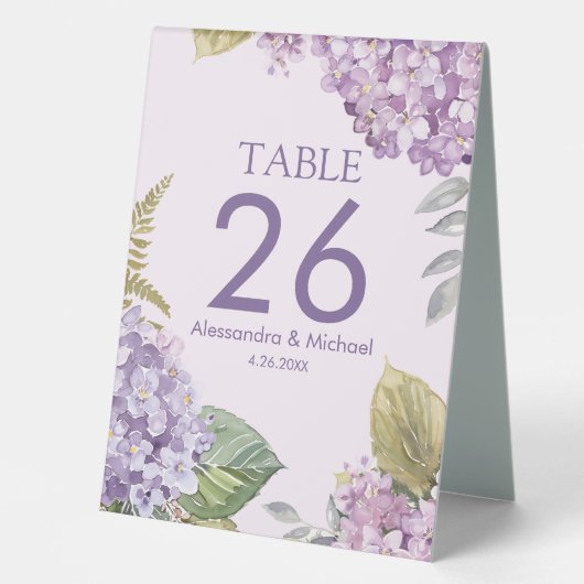 Plaque De Table Lavender Hydrangea Fleurs & Fern Leave Mariage (Recto)