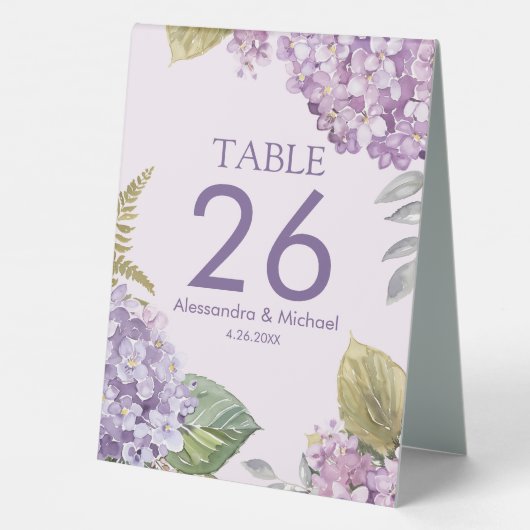 Plaque De Table Lavender Hydrangea Fleurs & Fern Leave Mariage (Verso)