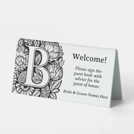Plaque De Table Lettre B Mariage Floral noir et blanc (Recto)