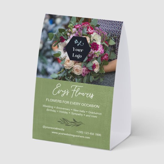 Plaque De Table Light Olive Greenery Florist Photo & Your Logo (Verso)