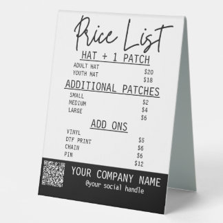 Plaque De Table Liste de prix pour la barre de chapeau du camionne