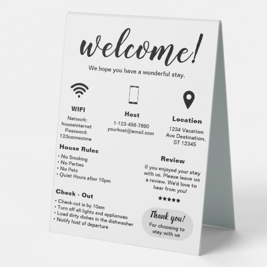 Plaque De Table Location de vacances moderne Accueil (Verso)