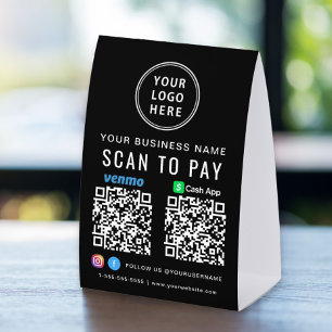 Plaque De Table Logo CashApp Venmo Codes QR Noir Payer par Scan