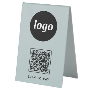 Plaque De Table Logo Code QR Entreprise Bleu Poussiéreux Scannez p