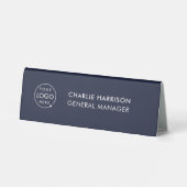 Plaque De Table Logo d'entreprise | Bureau de manager moderne bleu (Verso)