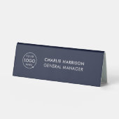 Plaque De Table Logo d'entreprise | Bureau de manager moderne bleu (Recto)