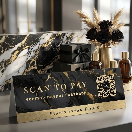 Plaque De Table Marbre Noir Agate Élégant Code Qr Scan Pour Payer