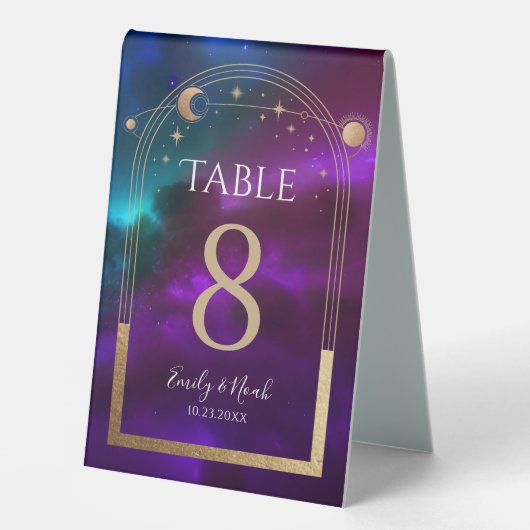 Plaque De Table Mariage Astronomie Soleil Lune Turquoise Violet Cé (Recto)